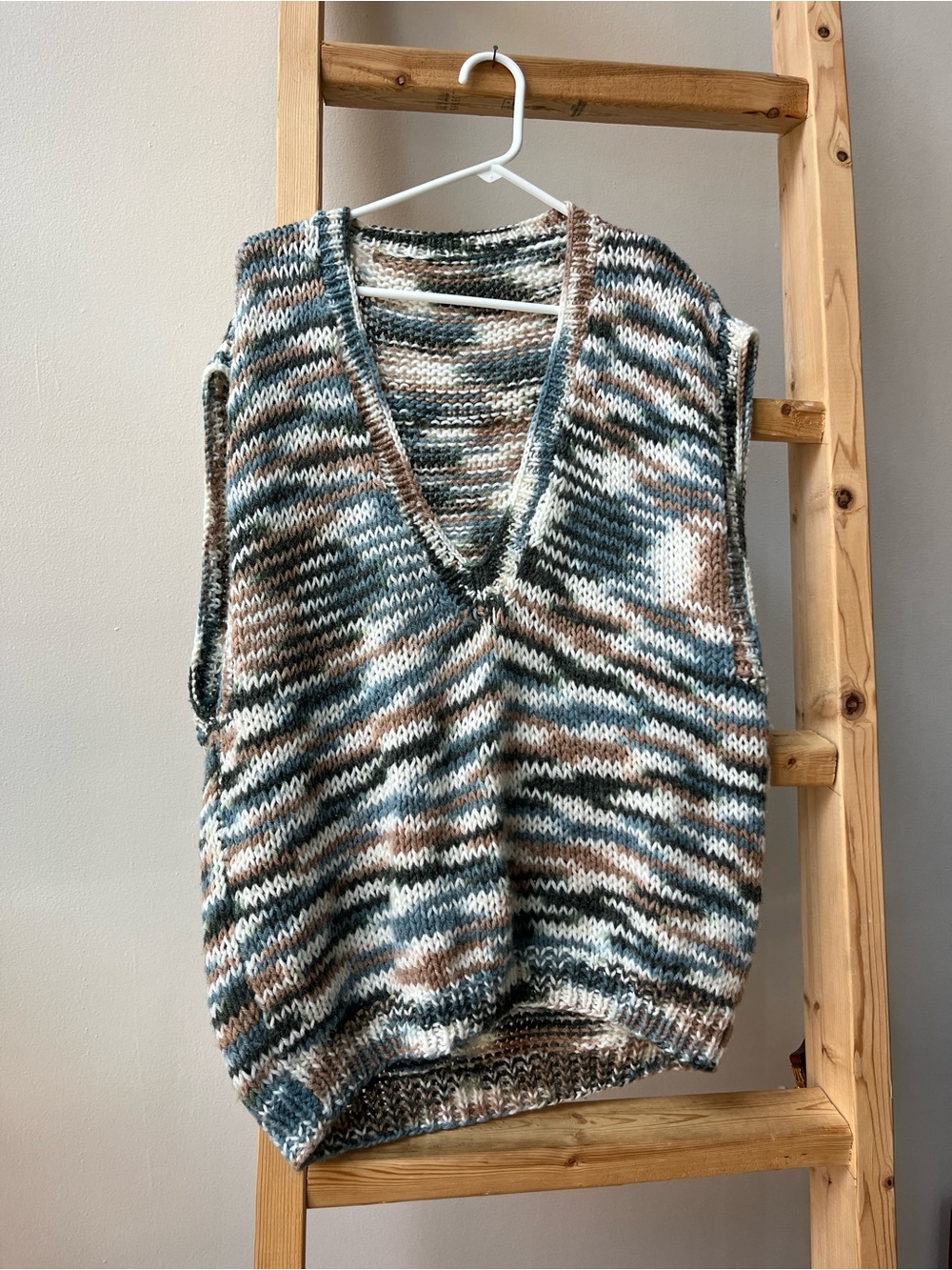 Striped V-Neck Knit Vest in Blue, Brown & Cream